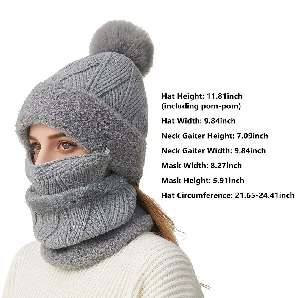 3 in-1 Knitted Beanies with Integrated Neck Gaiter and Mask Slouchy Knit Hat with Pompom Cycling Skiing Windproof