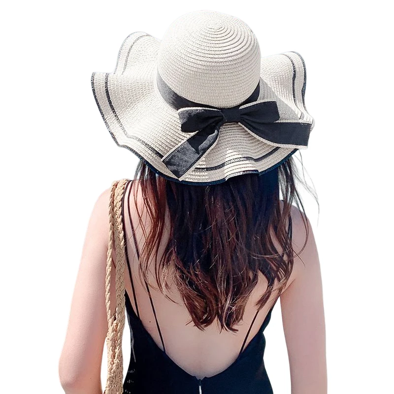 Outdoor Camping Travel Sun Hat Breathable Wavy Bow Straw Hat Fashionable Sunscreen Caps Women's Beach Sun Hat UV Protection Caps