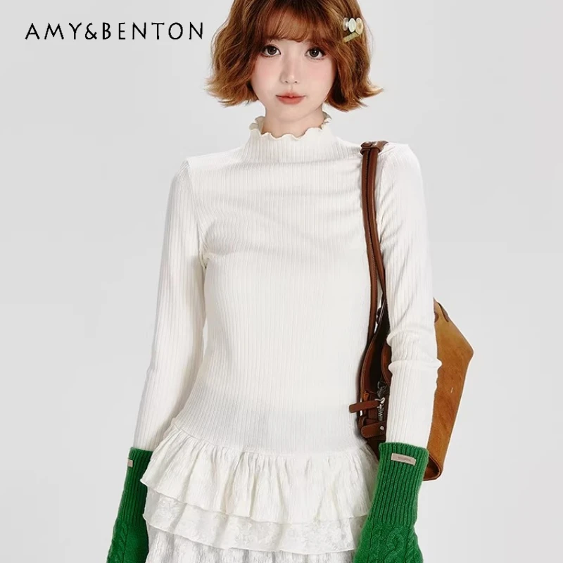 

French White Half-Turtleneck Long Sleeve Women's T-Shirt 2026 Spring Multi-Layer Lace Slimming Versatile Bottoming Shirt Girl