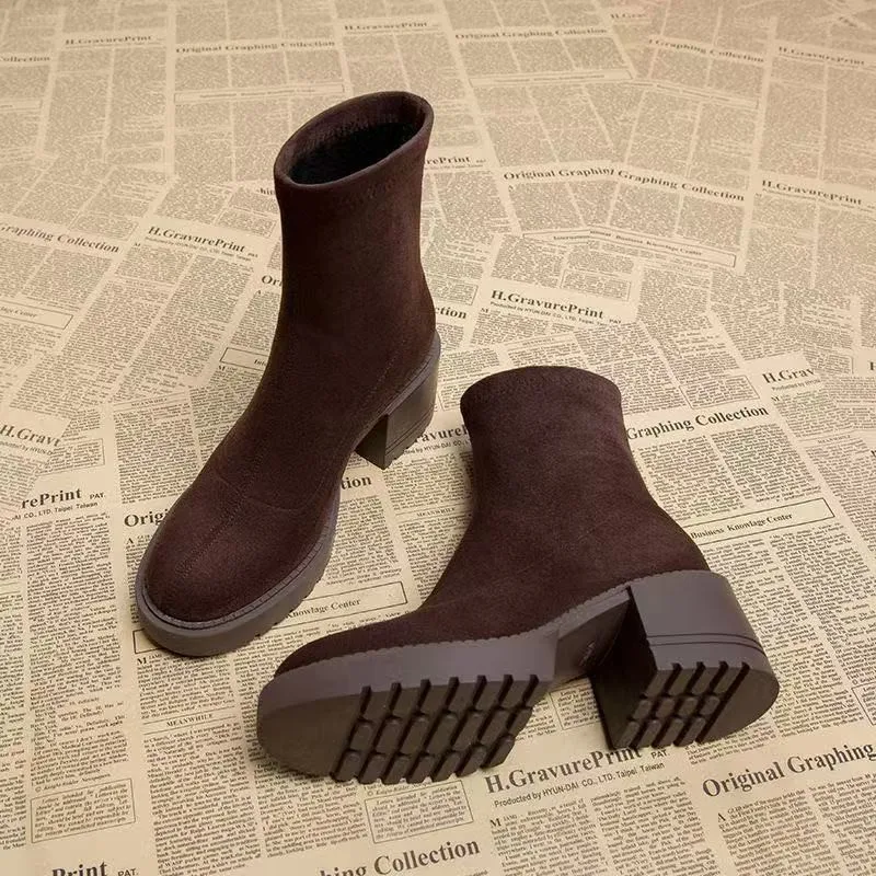 Botas Para Mujer tacones altos gamuza moda Zapatos gruesos diseñador Botas de invierno de lujo 2025 nuevo vestido Botas Para Mujer Zapatos