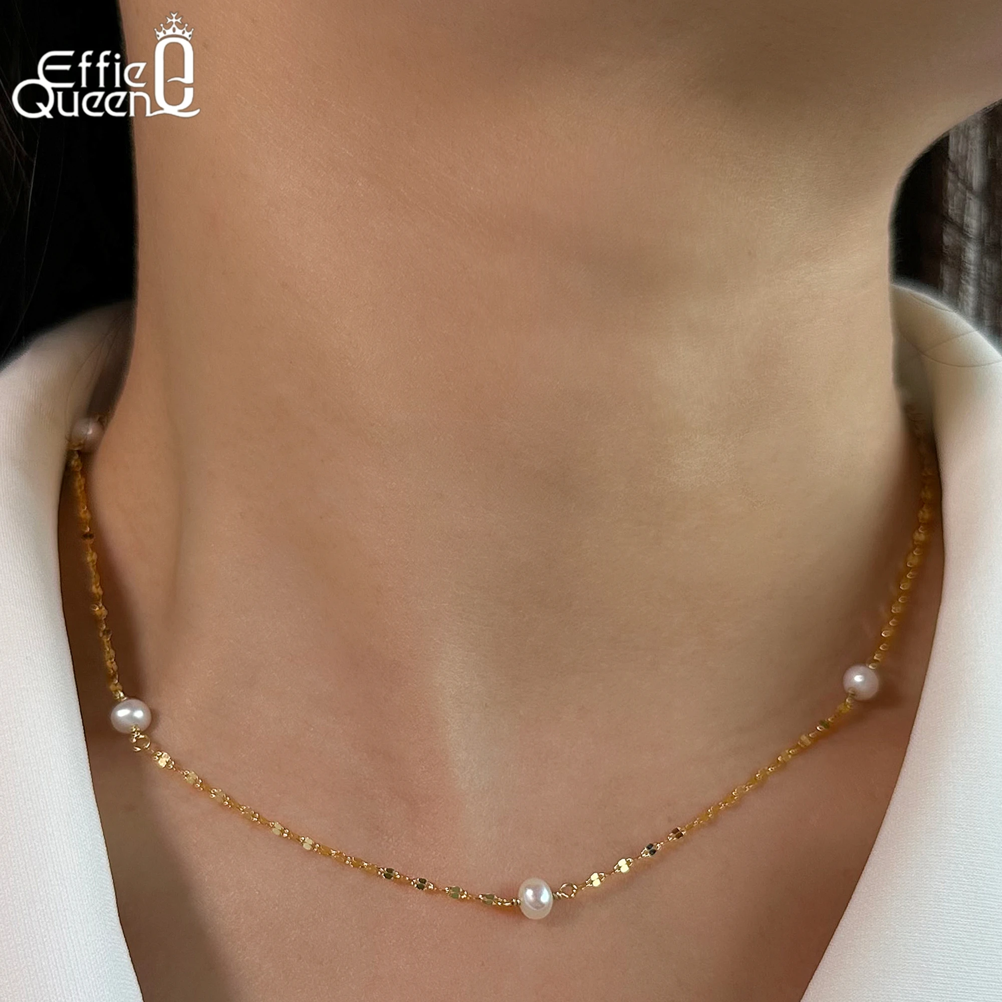 

EFFIE QUEEN 925 Pure Silver 14k Gold Round Freshwater Pearl Choker Necklace Ideal Jewelry for Women Banquet Party Gift GPN35