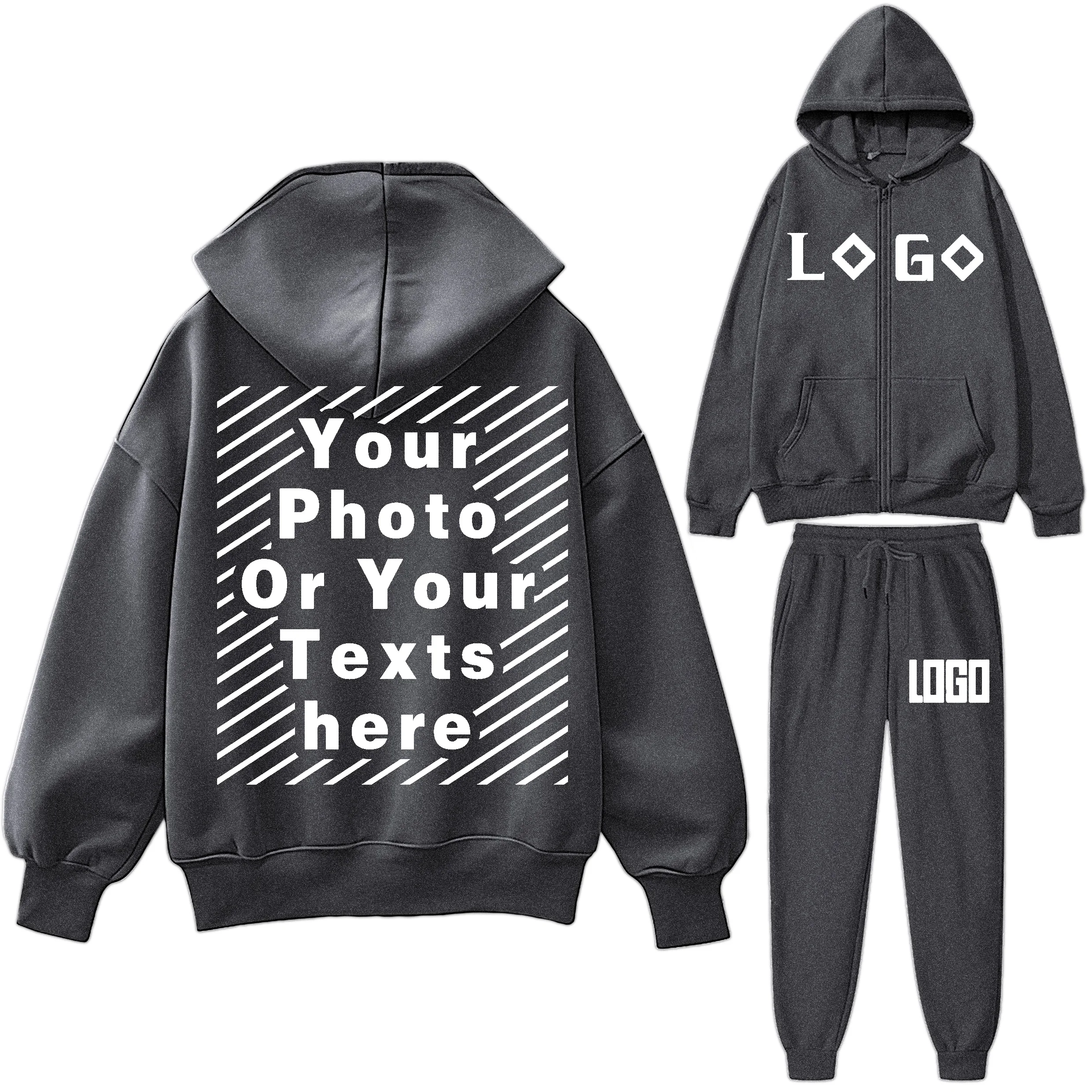 DIY Customize Your LOGO Tracksuit Suit Autumn Fashion Warm Hoodie Sweatshirts Two Pieces Oversized Solid Casual Hoody Pullovers