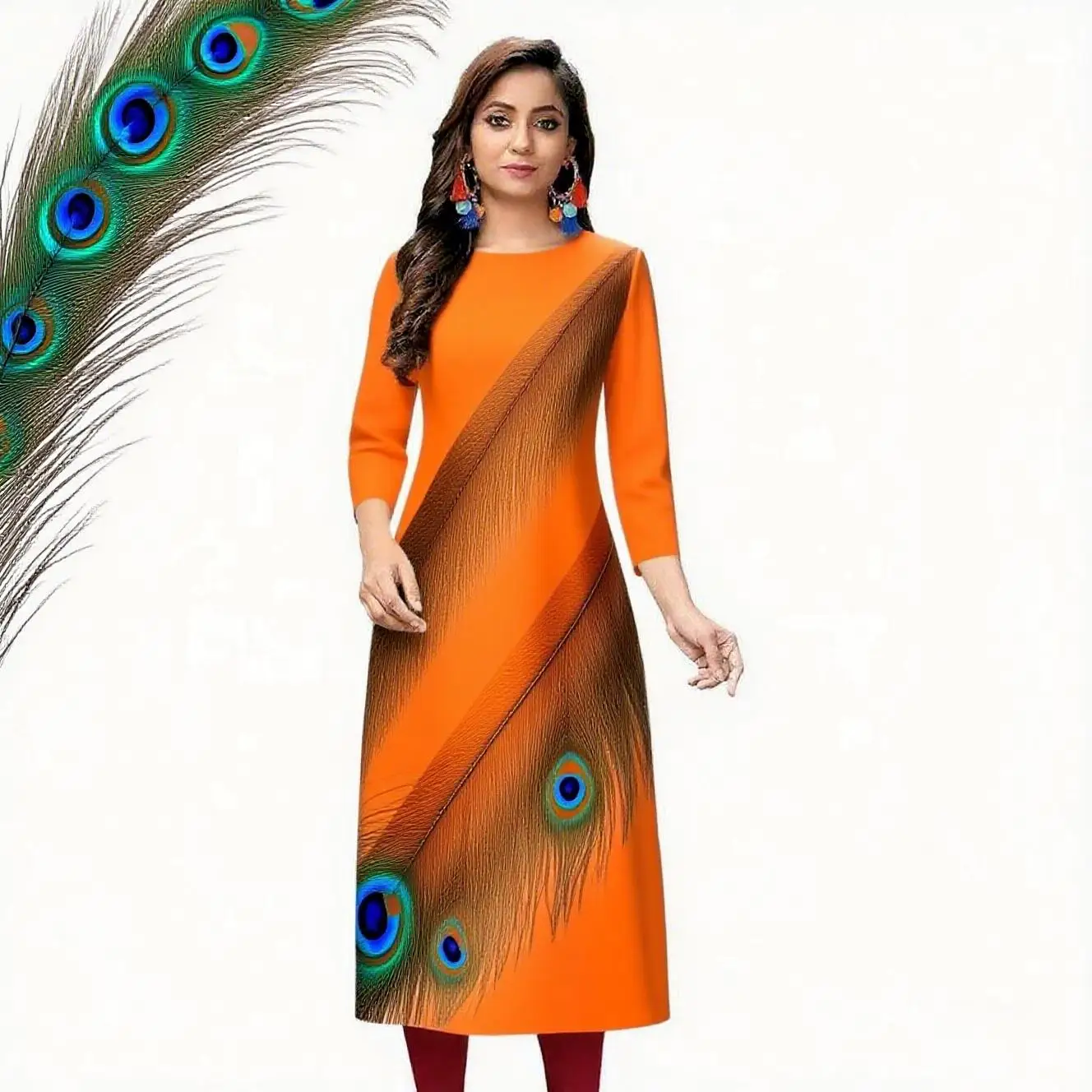 Abito moda casual Kurt da donna a maniche lunghe tubo dritto casual fiore etnico girocollo senso del design di dimensioni regolari