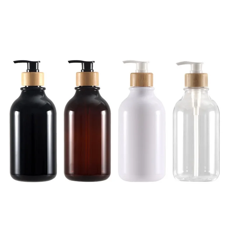 Plastic Bottle Empty Bamboo Lotion Pump 300ml 500ml PET Black Brown White Clear Cosmetic Packaging Refillable Bottle 15pcs