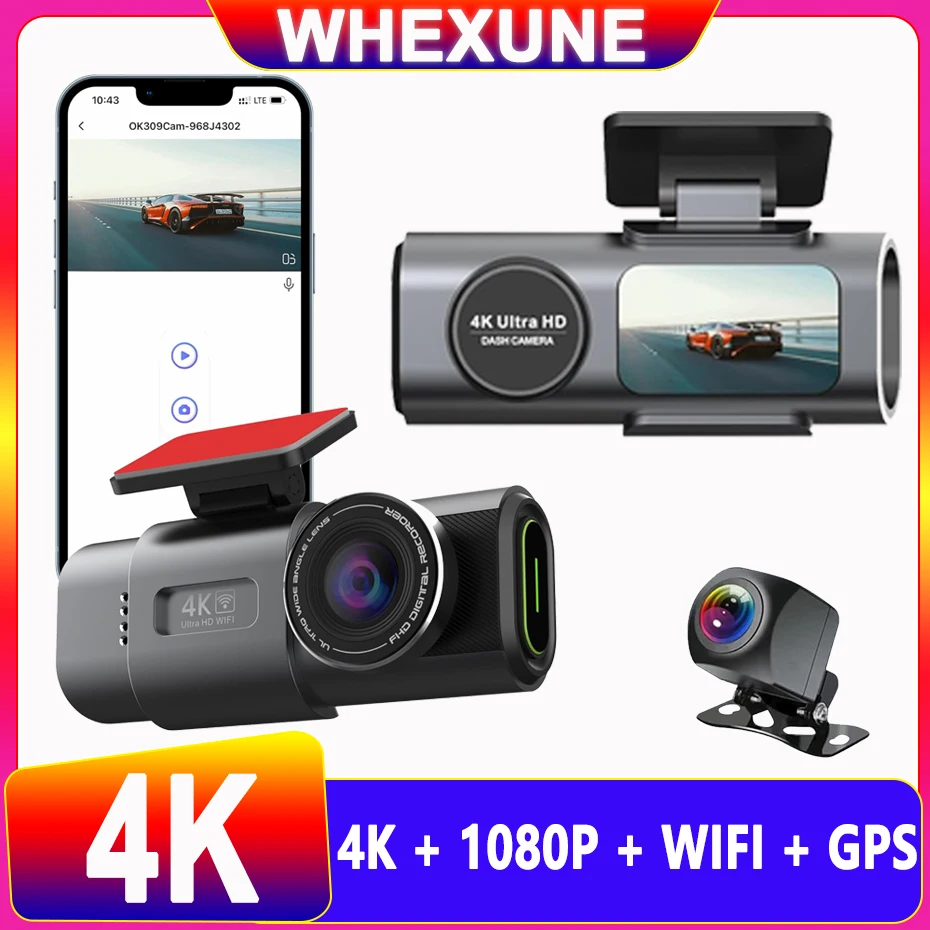 

UHD 4K Dash Cam Dual Lens Driving Recorder Car DVR 1080P Rear Lens Camera Built-In WiFi GPS 24-Hour Parking Monitoring Black Box