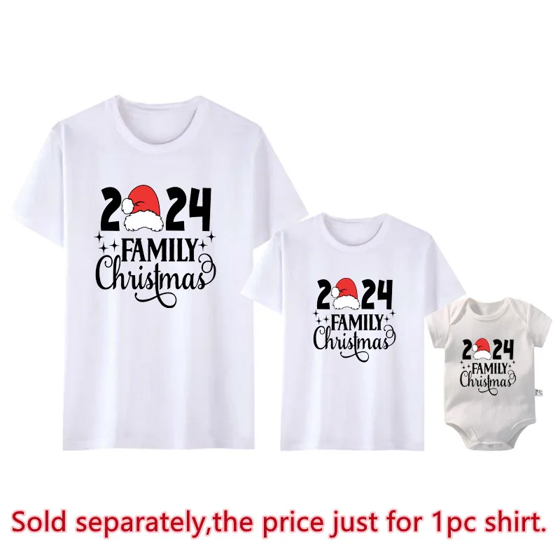 2024 Family Christmas Shirts Cotton Family Matching Outfits Dad Mom Kids Tshirts Baby Rompers Matching Pajamas Xmas Clothes Gift