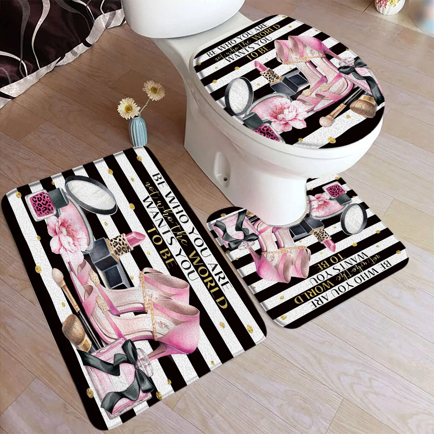 Pink High Heeled Perfumed Bath Mat Set Fashion Lipstick Floral Black White Striped Home Carpet Bathroom Decor Rugs Toilet Cover