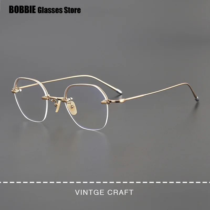 Pure Titanium Half Rim Glasses Frame Ultra Light Wire Thin Tide Polygon Men Myopia Eyeglasses Spectacles Gafas Japanese Style