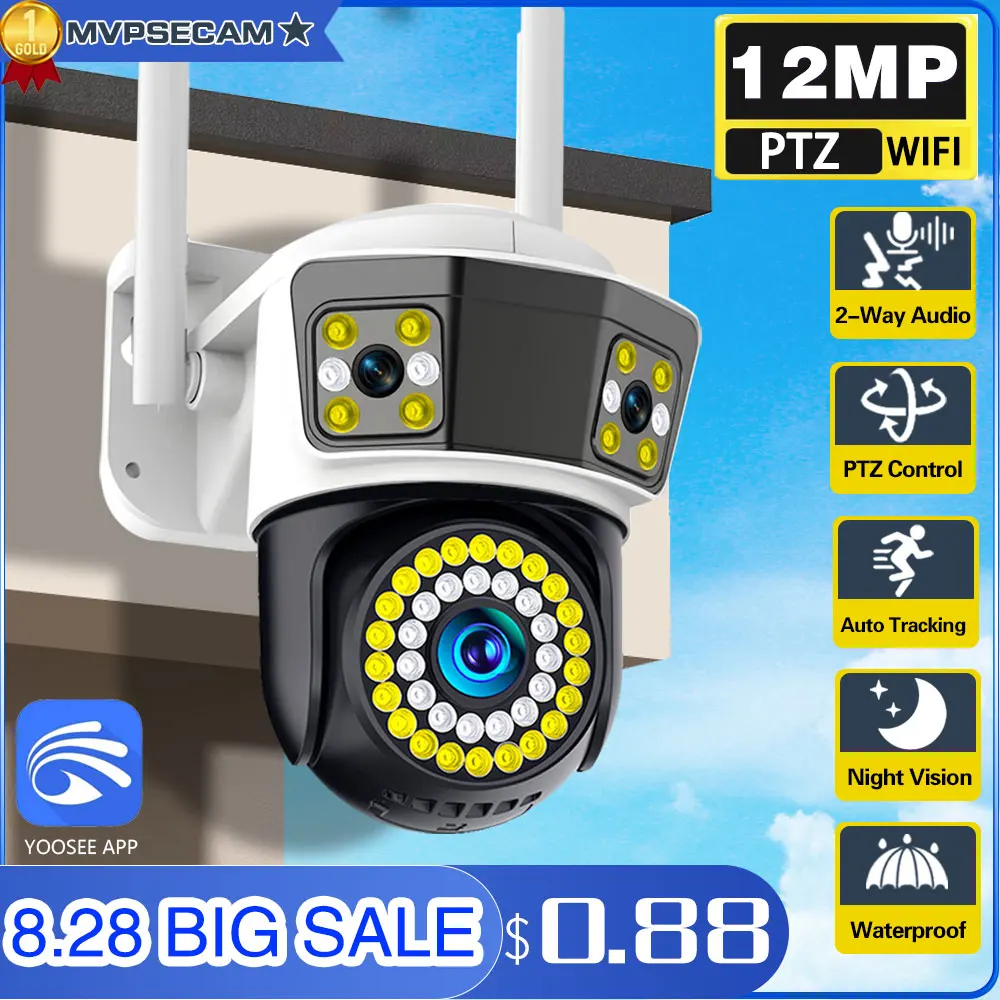 

12MP Yoosee Wireless Outdoor Automatic Tracking Two-Way Audio Color NightVision Three Lens Dual Screen PTZ Wifi Security Camera