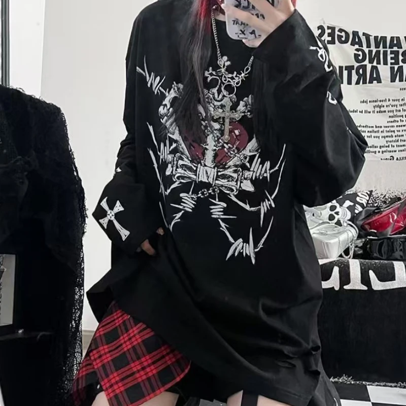 Subculture Japanese Gothic Print Punk Y2k T-shirt Women Loose Grunge T-shirt Aesthetics Tees Harajuku Kawaii Shirts Black Tops