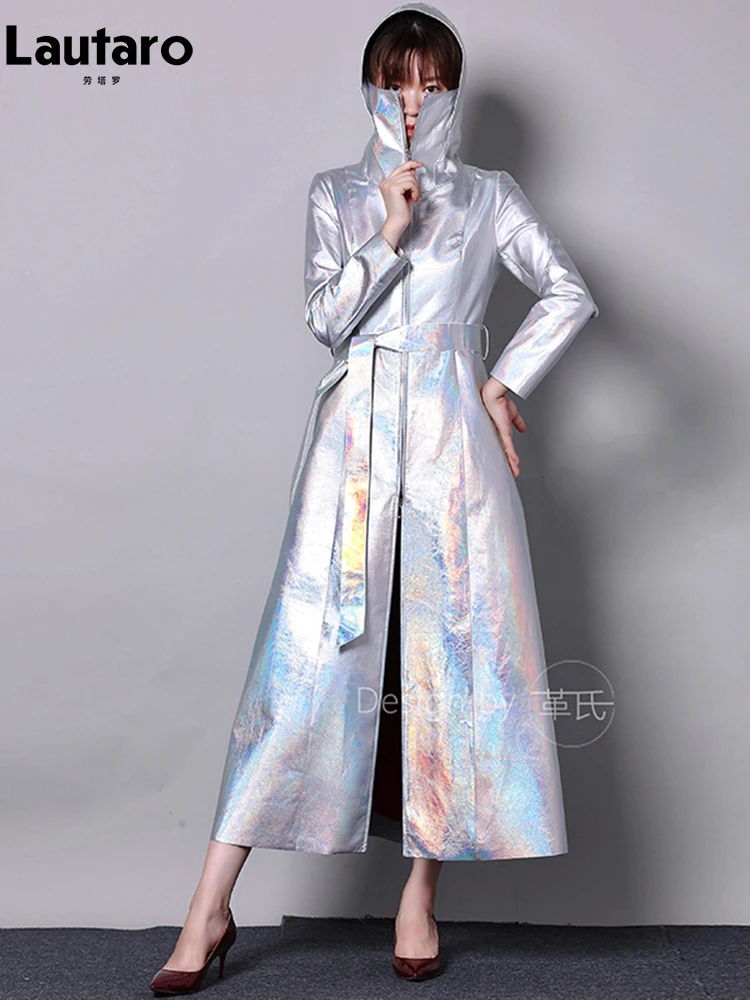 Lautaro Spring Autumn Long Luxury Shiny Reflective Holographic Patent Pu Leather Trench Coat for Women European Fashion 2023