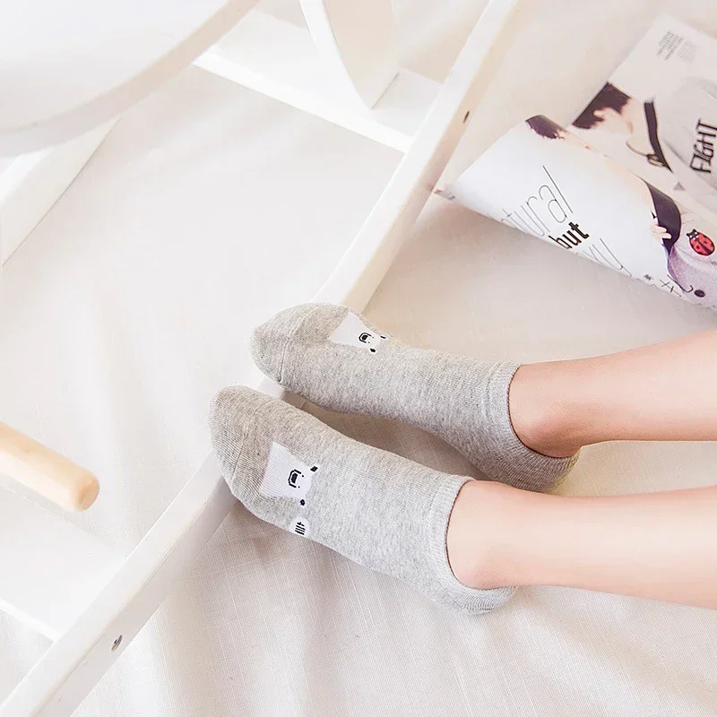 Fashion Short Ankle Socks Women Summer Bear Boat Socks Animal Cartoon Cute Kawaii Socks Cotton Breathable Spring Harajuku