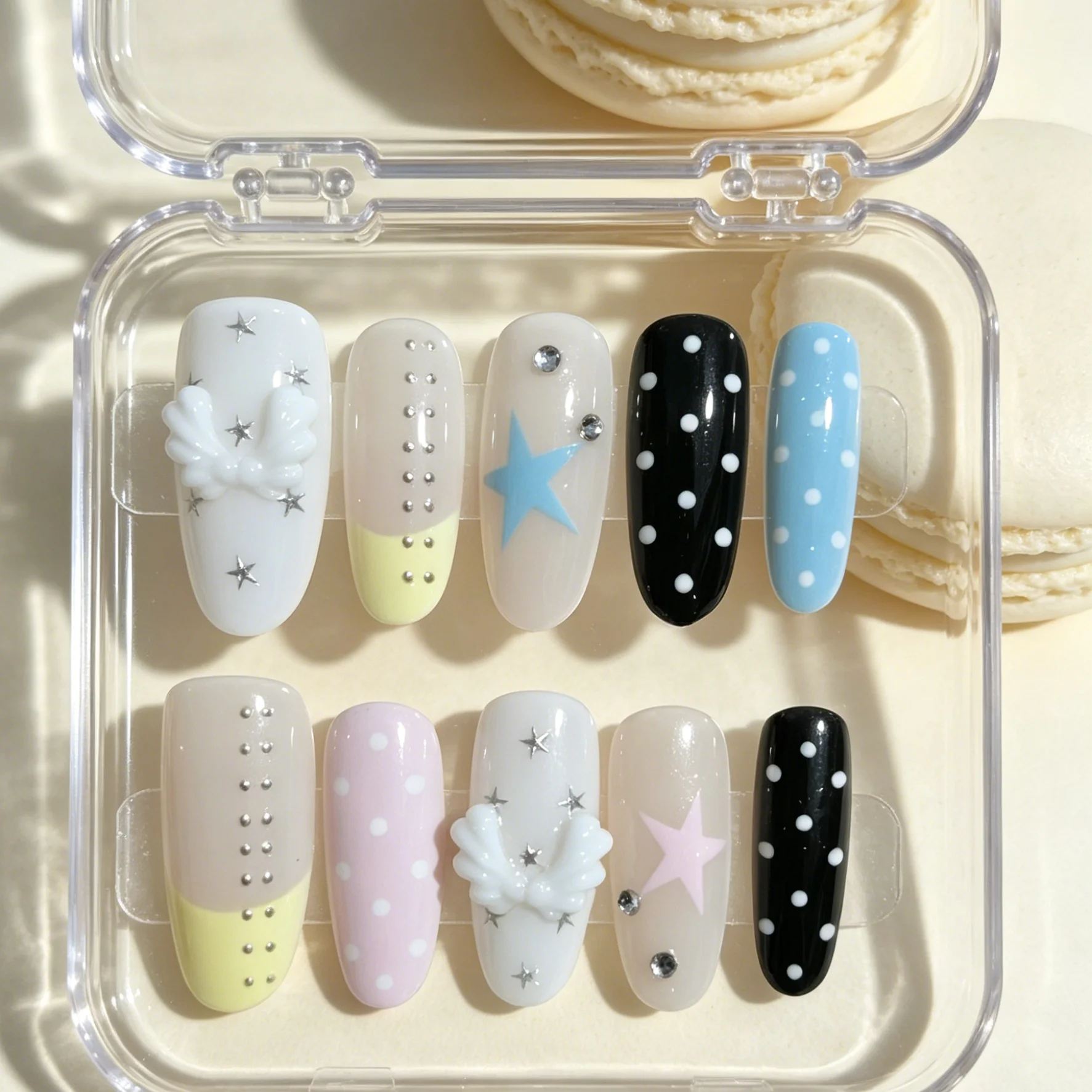 10 pieces of hand pressed oval nails, beautiful fake nails, macaron polka dot 3D stereoscopic, suitable for women to use