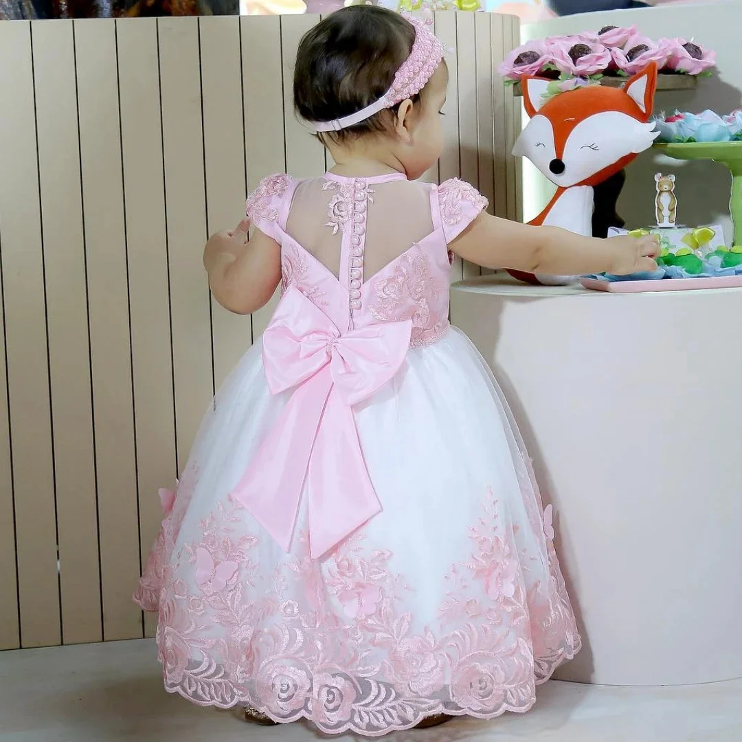 

Customized Lace Tulle Flower Girl Dresses For Wedding Appliques With Bow Short Sleeves Lovely Kids Birthday Party Pageant Gown