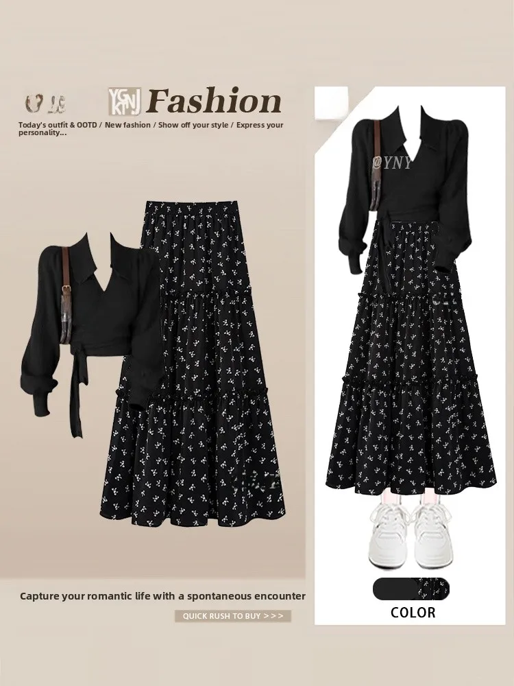 

Retro Floral Print Short Top And Skirt Set Women's Fashionable Autumn Wear V-Neck Long Sleeve Cardigan Style Two-Piece Suit