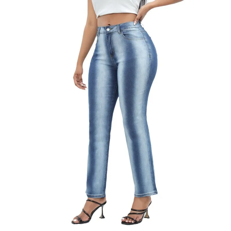 

Jeans for Women Fashion Trend Striped Textured Straight High Waist Blue Casual Denim Pants