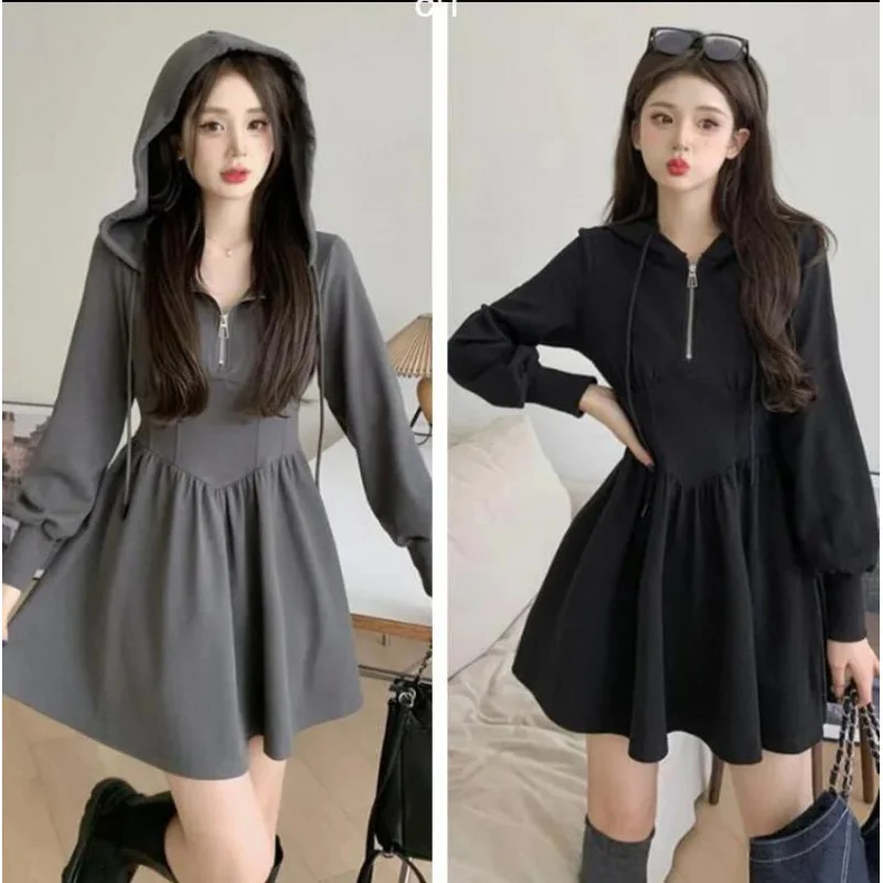 

Fatmm200Черное женское платье-толстовка больших размеров с капюшоном, новый стиль ранней весны, утягивающее платье средней длины с застежкой талии