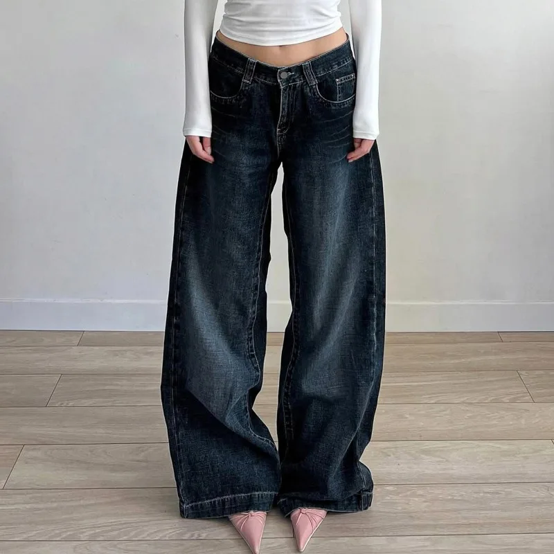 

Women's Solid Color Relaxed Fit Jeans Retro Low Waist Straight Denim Pants Street Style Loose Trousers Versatile Women Pants