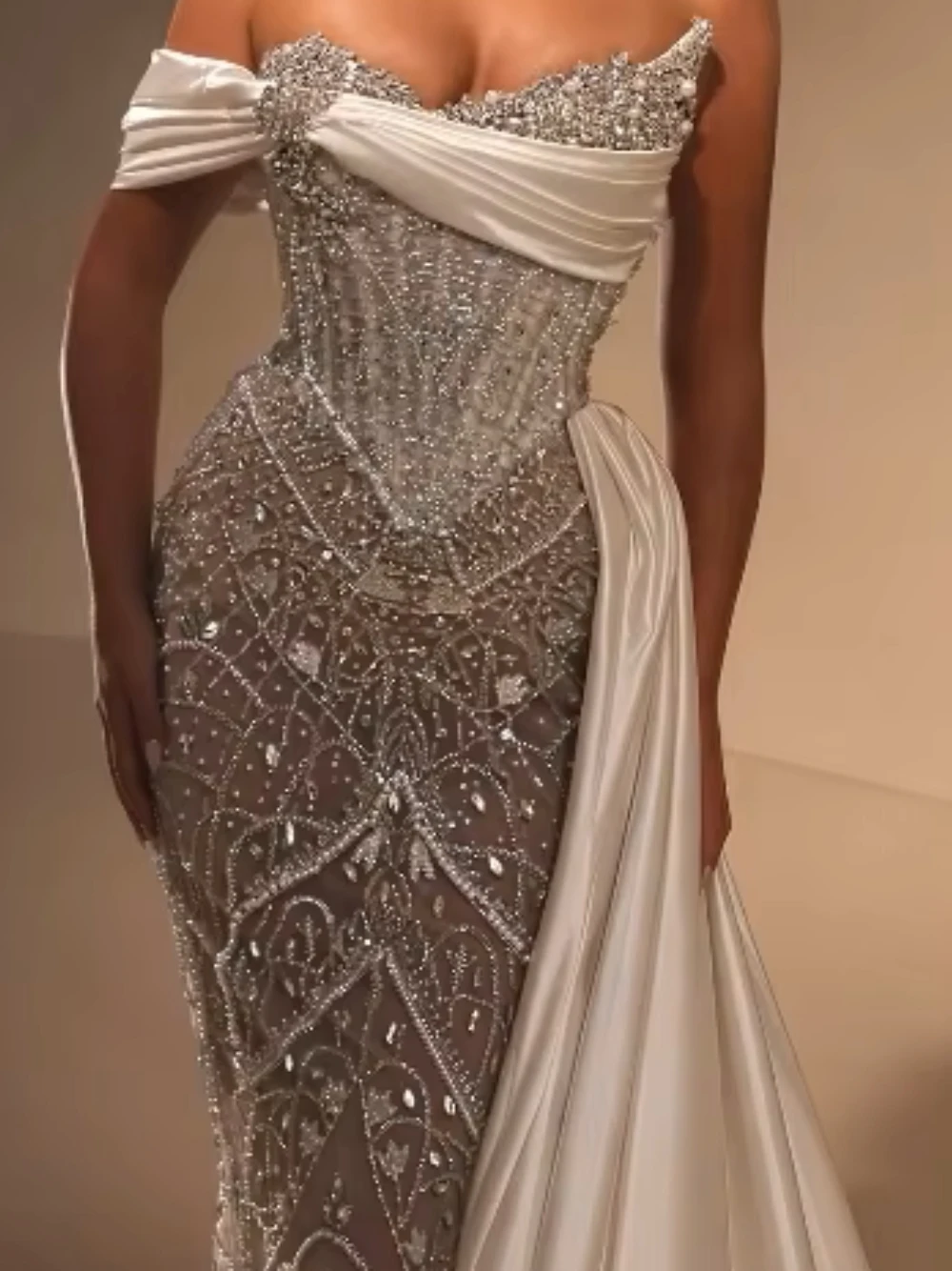 Heavy Rhinestone Corset Bodice Wedding Dress With Satin Overskirt Sweep Train Stunning Glimmering Customized For Pageant Evening