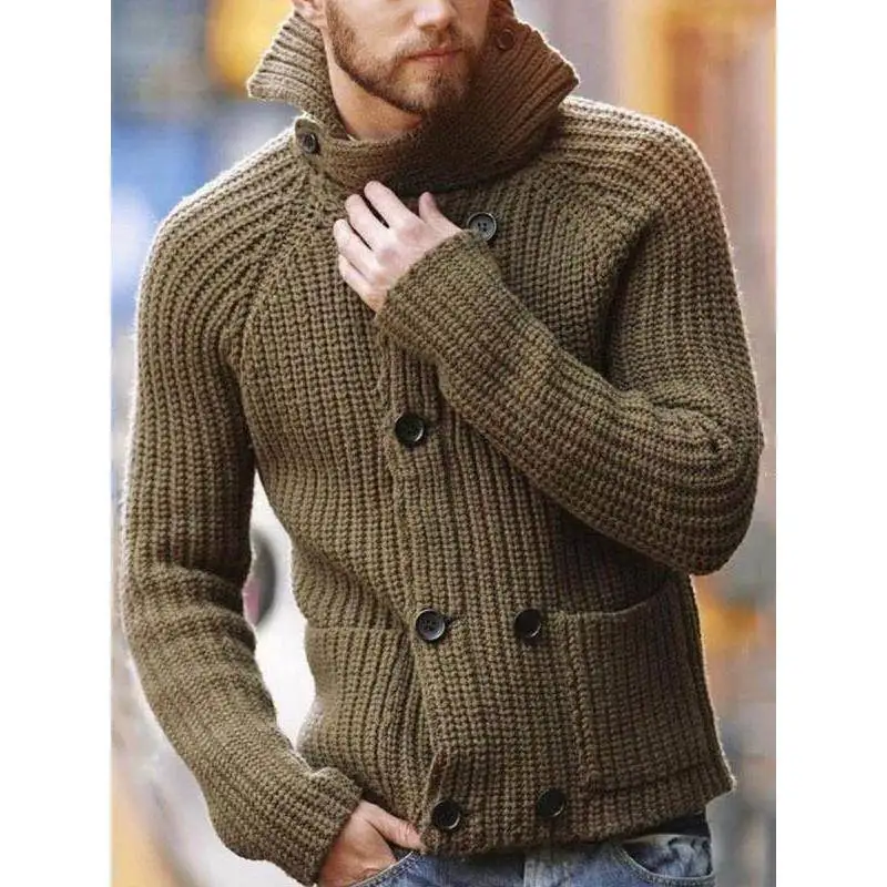 

Мужской вязаный свитер большого размера с высоким воротником и длинными рукавами, с двойной застежкой на пуговицах, модный, осенне-зимний, новинка