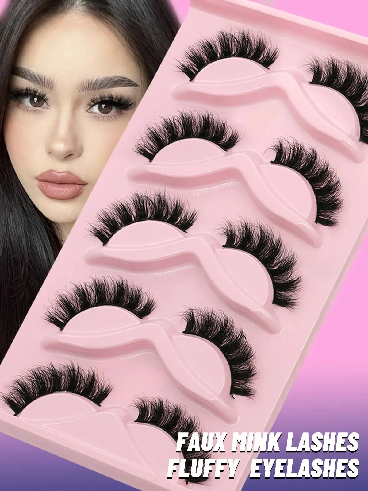 Cílios fofos do vison falso, cílios postiços longos, cílios macios de volume, maquiagem reutilizável, natural, 5 pares