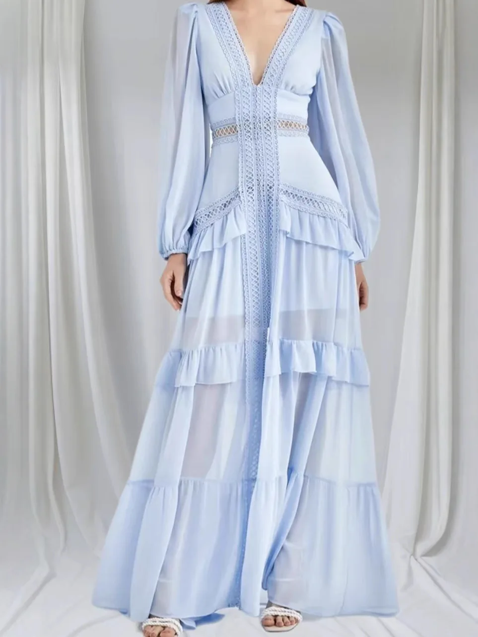 Damen Einfarbiges Boho-Kleid Tiefer V-Ausschnitt Langarm Spitzenbesatz Mehrlagiges Rüschenkleid Elegantes Hochzeitsgast- & Abendparty-Outfit