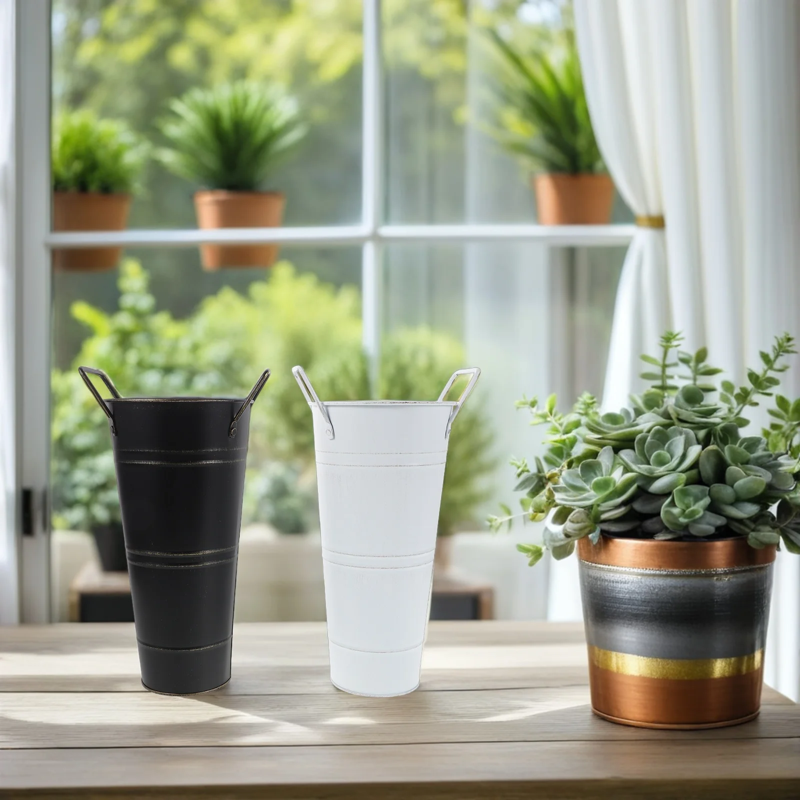 

2pcs Galvanized Metal Vases 9 Inch Rustic Farmhouse Flower Pots Vintage Decorative Buckets With Handles For Home Living Room