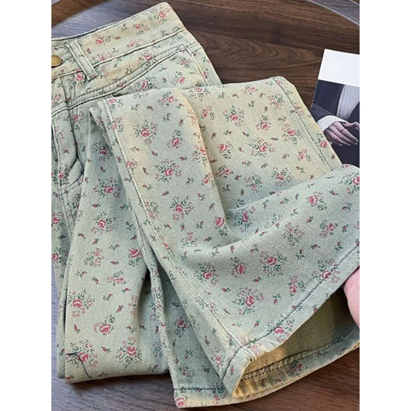

American Floral Printed Retro Slimmming Straight Leg Jeans Women Clothing Spring New High Waist Loose Casual Wide Leg Pants