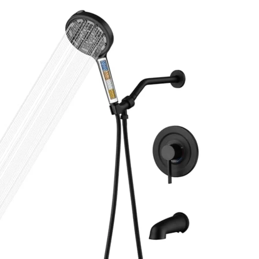 

Матовая черная душевая система с изливом для ванны, современный смеситель для ванны и душа с ручной лейкой на 6 режимов с фильтрацией