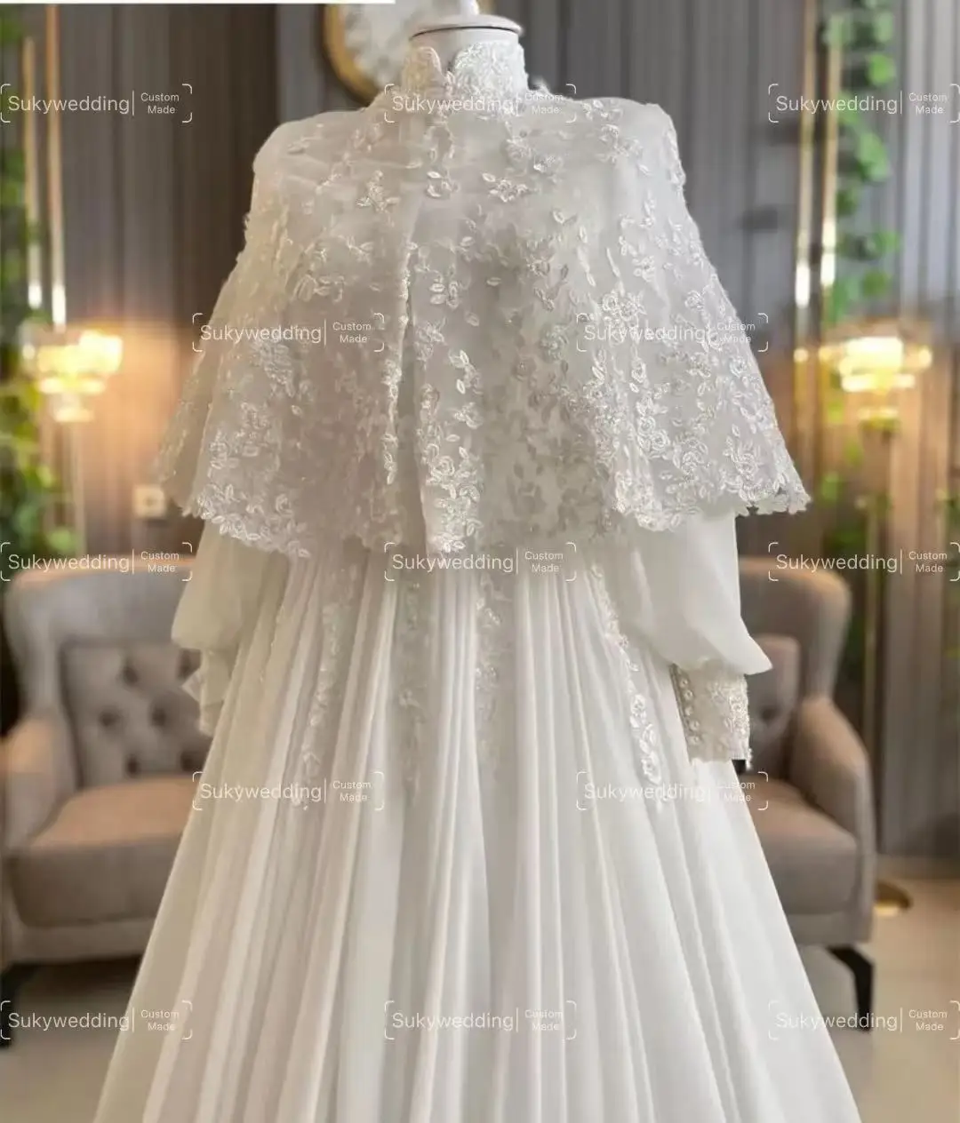 Vestidos de novia musulmanes personalizados con envolturas, manga larga, cuello alto, encaje, línea A, largo hasta el suelo, vestido de novia islámico de estilo campestre