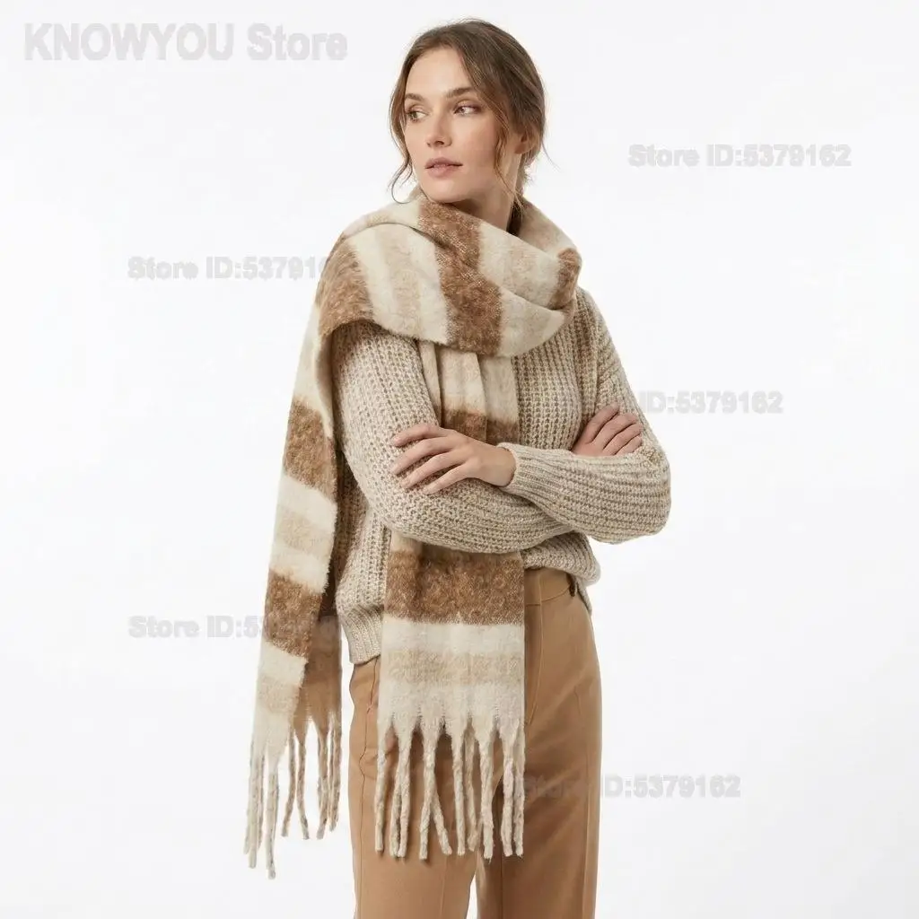 Women Spring Autumn Scarf High Sense Color Block Stripe Korean Couple Warm Thick Neck Wrap Shawl Versatile Daily Outfit Accessor