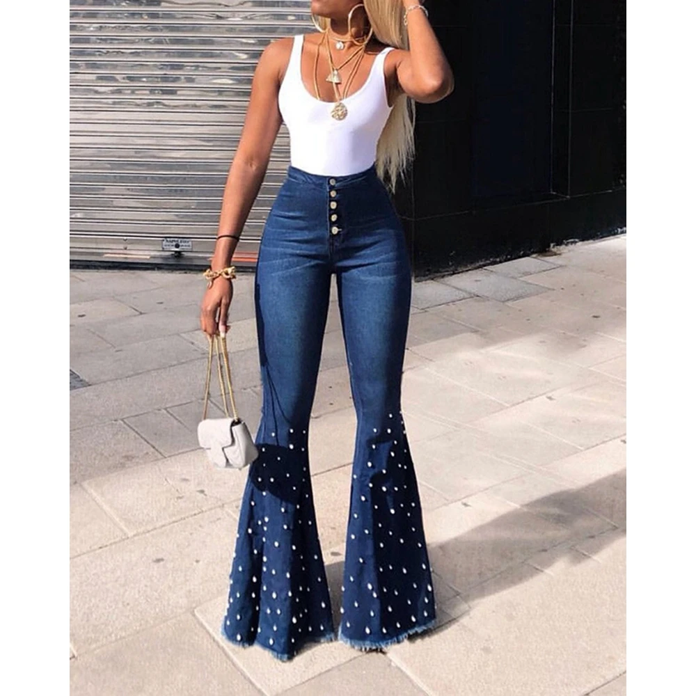 

Women High Waist Beaded Decor Buttoned Design Flared Jeans Female Washed Denim Skinny Vintage Pants Summer Lady Long Trouses y2k