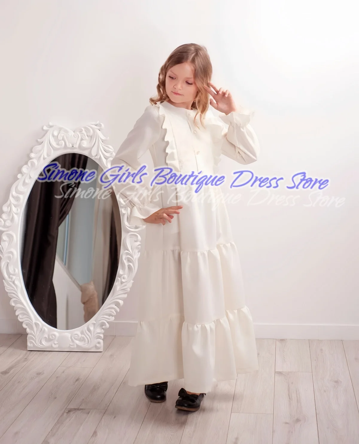 Faldas blancas hasta el tobillo Mangas largas Cuello redondo Vestido de niña de las flores para la primera comunión Recepciones formales Fiesta de celebraciones navideñas