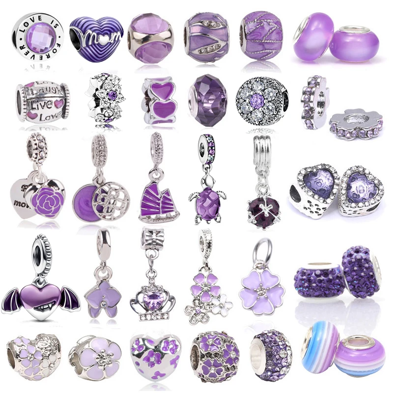 Boosbiy 2pc DIY Fantasy Purple Love Heart Sailboat Charms Beads Fits Pandoro Bracelets Necklaces For Women Jewelry Making