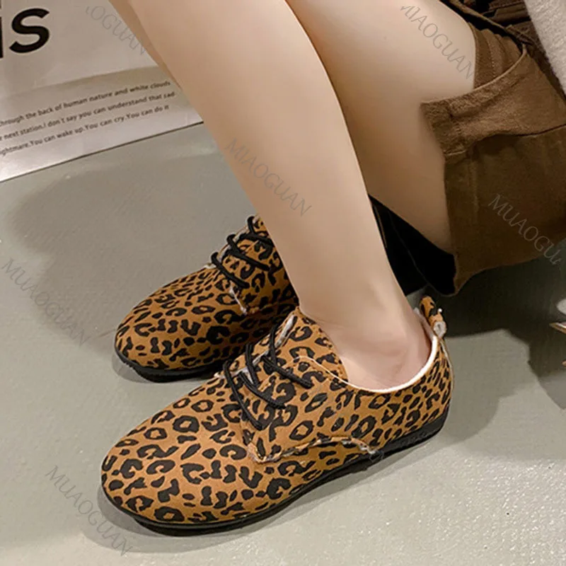 Autumn Winter Flat Bottomed Padded Cotton Shoes Leopard Print Retro Style Lace-up Female Casual Flats Short Plush Zapatillas