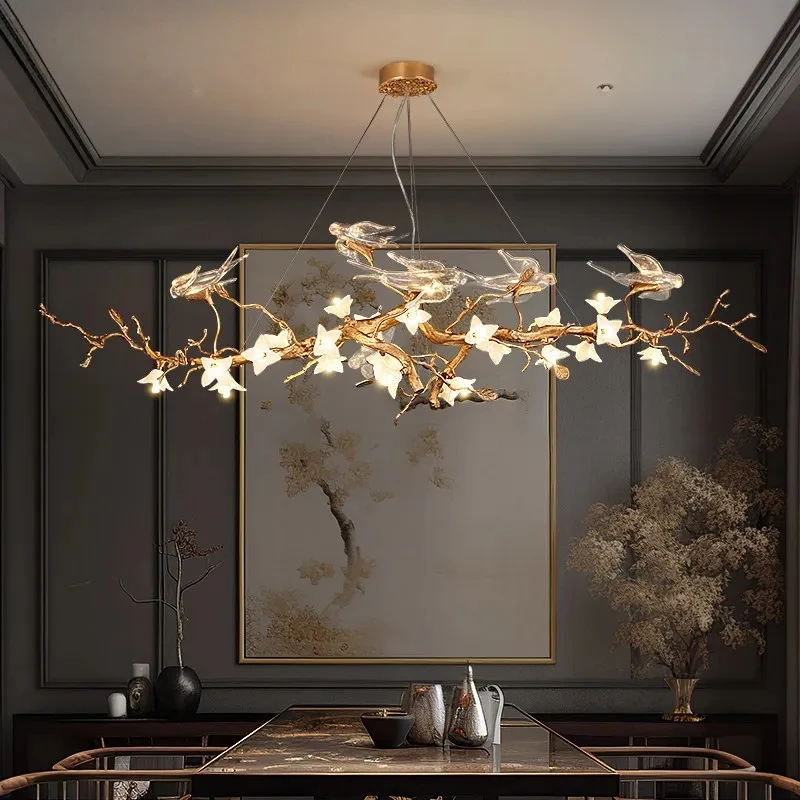Luxury Copper Branch Swallow Chandelier For Dining Table Room Lighting With Bird Flower Glass Pendant Lamp Living Room Bar Vila