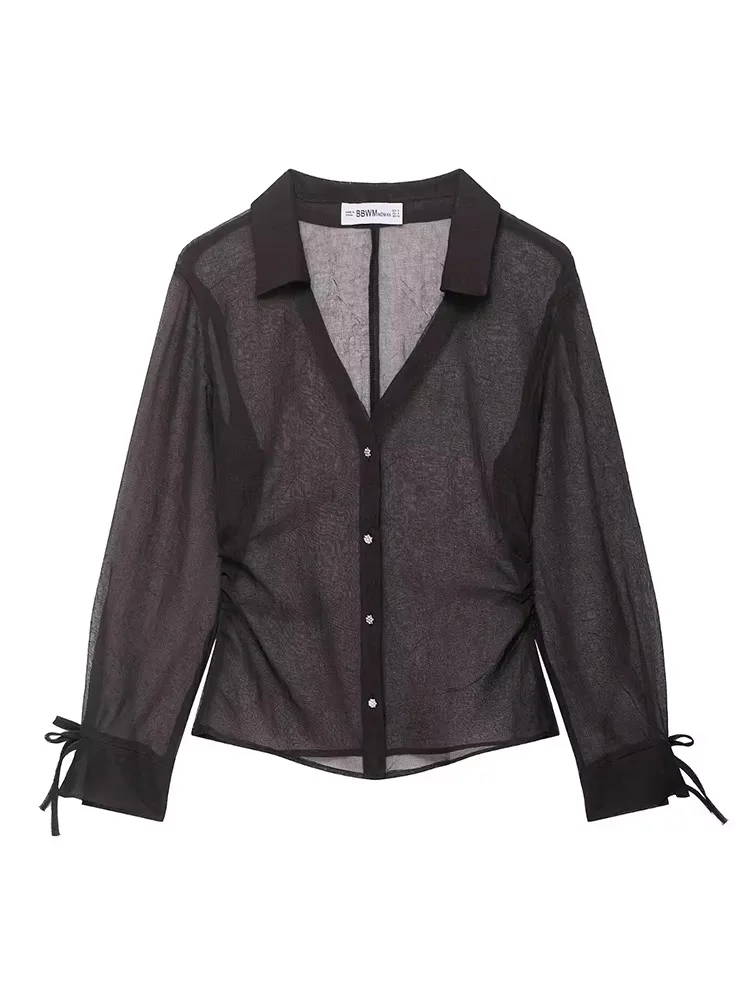 

HH Women 2025 Autumn New Fashion Bow Decorative Translucent Shirt Female Sexy Single Breasted Slim Long Sleeve Shirt Mujer