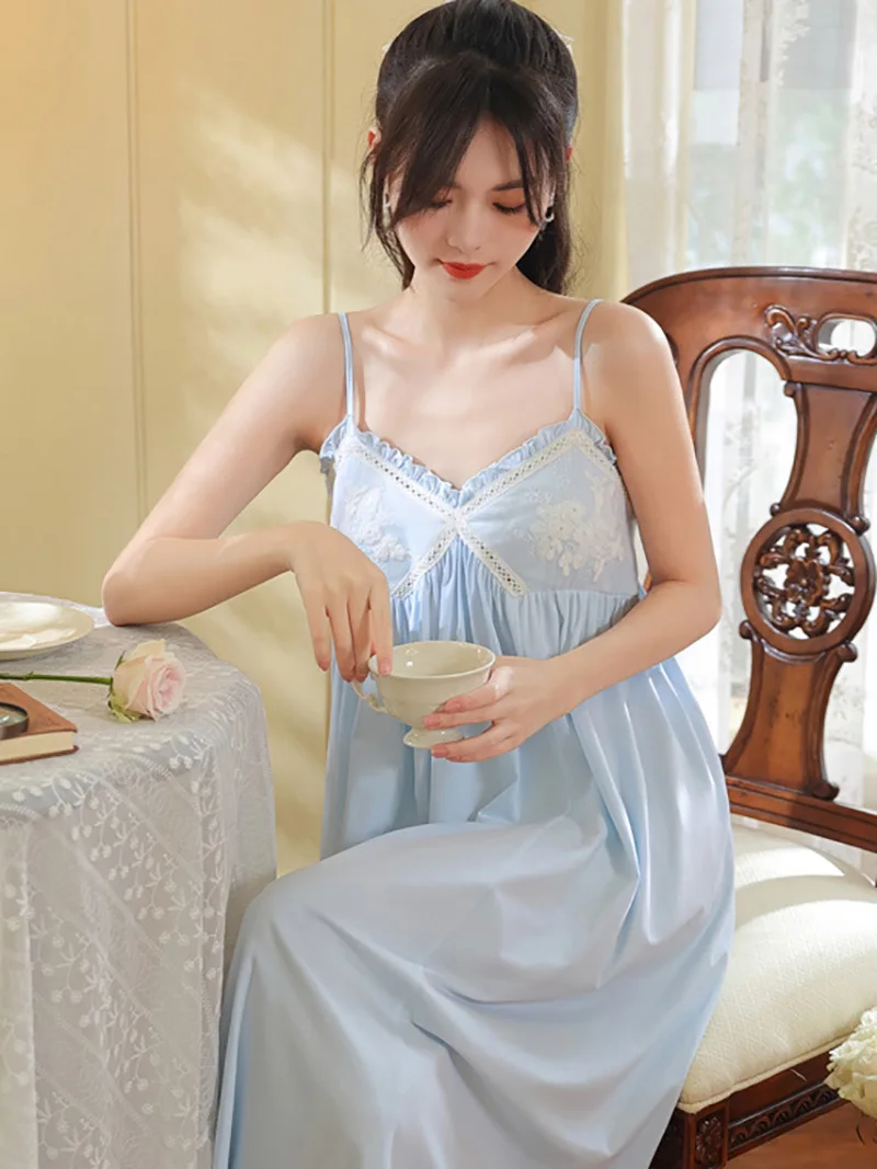 Sleeveless Backless Nightdress Women Summer Cotton Sexy Lace Pajamas French Victorian Ruffles Princess Loose Chest Pad Sleepwear