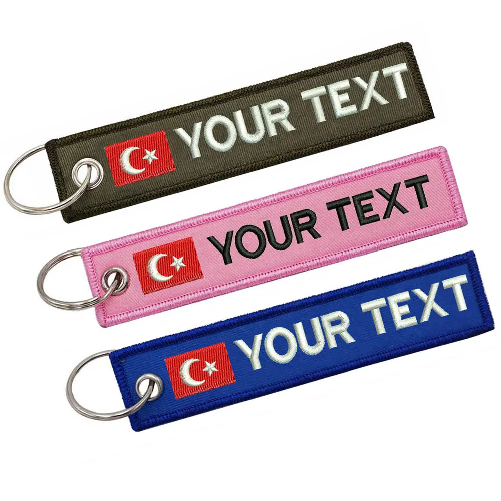 Personalized Turkey Flag Keychain Customize Text Tag Double Sided Embroidery for Motorcycles Cars ATV Scooters