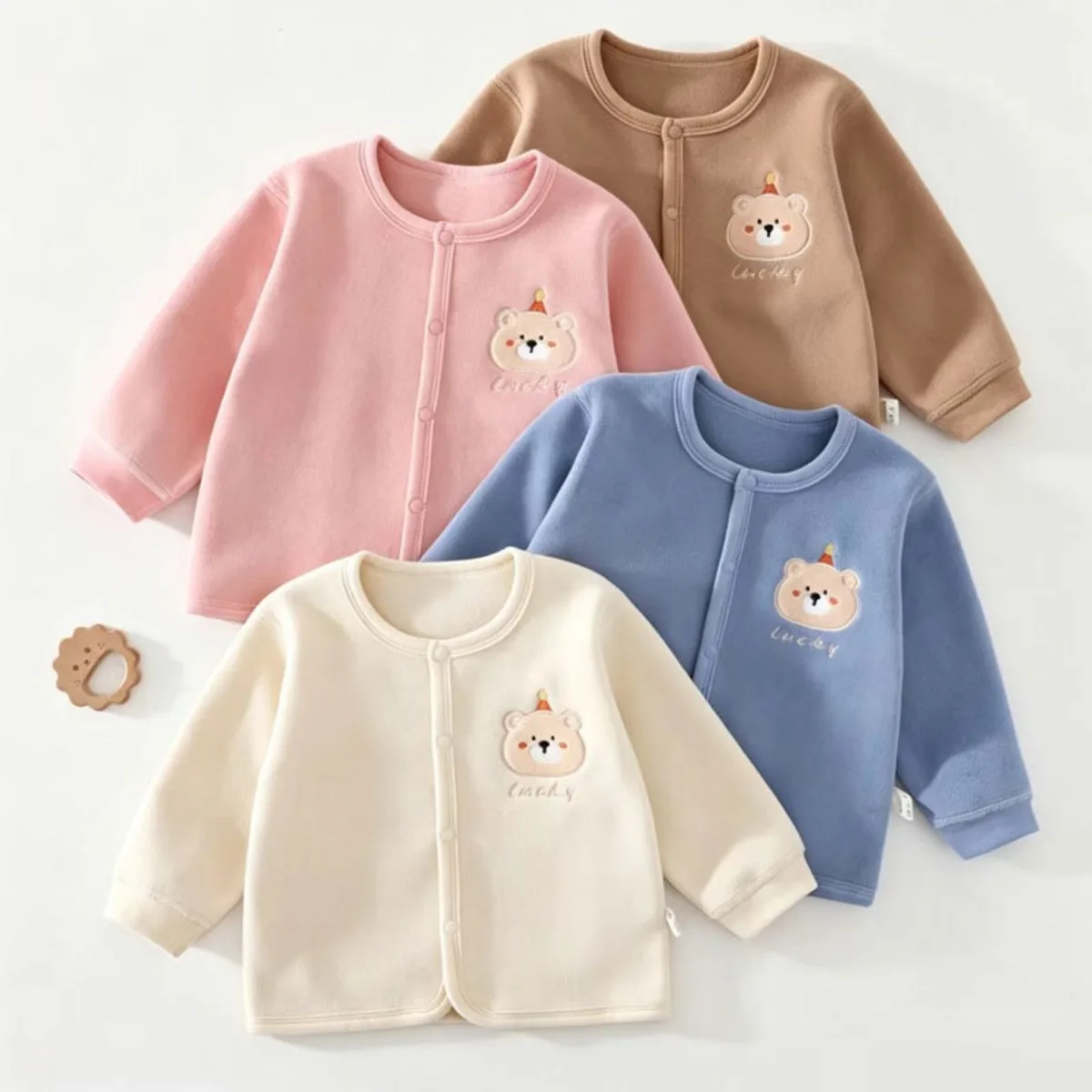 Baby Fleece Cardigan Soft Warm Snap Button Jacket with Cute Bear Patch Toddler Unisex Outerwear Perfect for Autumn Winter 9M-3Y