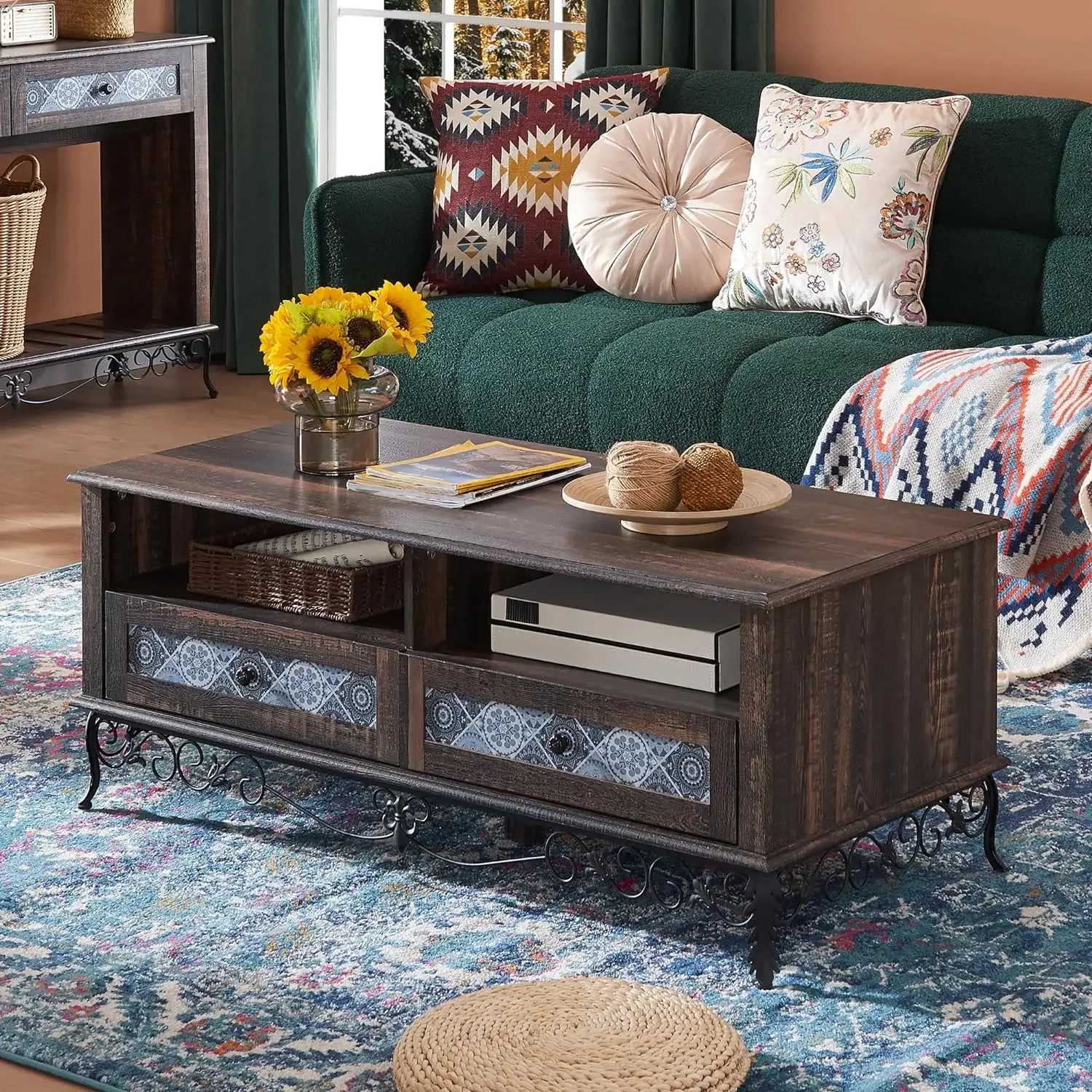 

48" Boho Coffee Table with Sliding Drawers, Rustic Medieval Bohemian Coffee Table, Ornate Detailing, Gorgeous Scrollwork Wrought