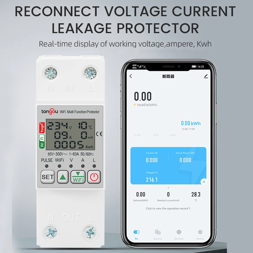 

85-300V WiFi Smart Earth Leakage Over Under Voltage Protector Relay Device Switch Breaker Smart Life Energy Power kWh Meter