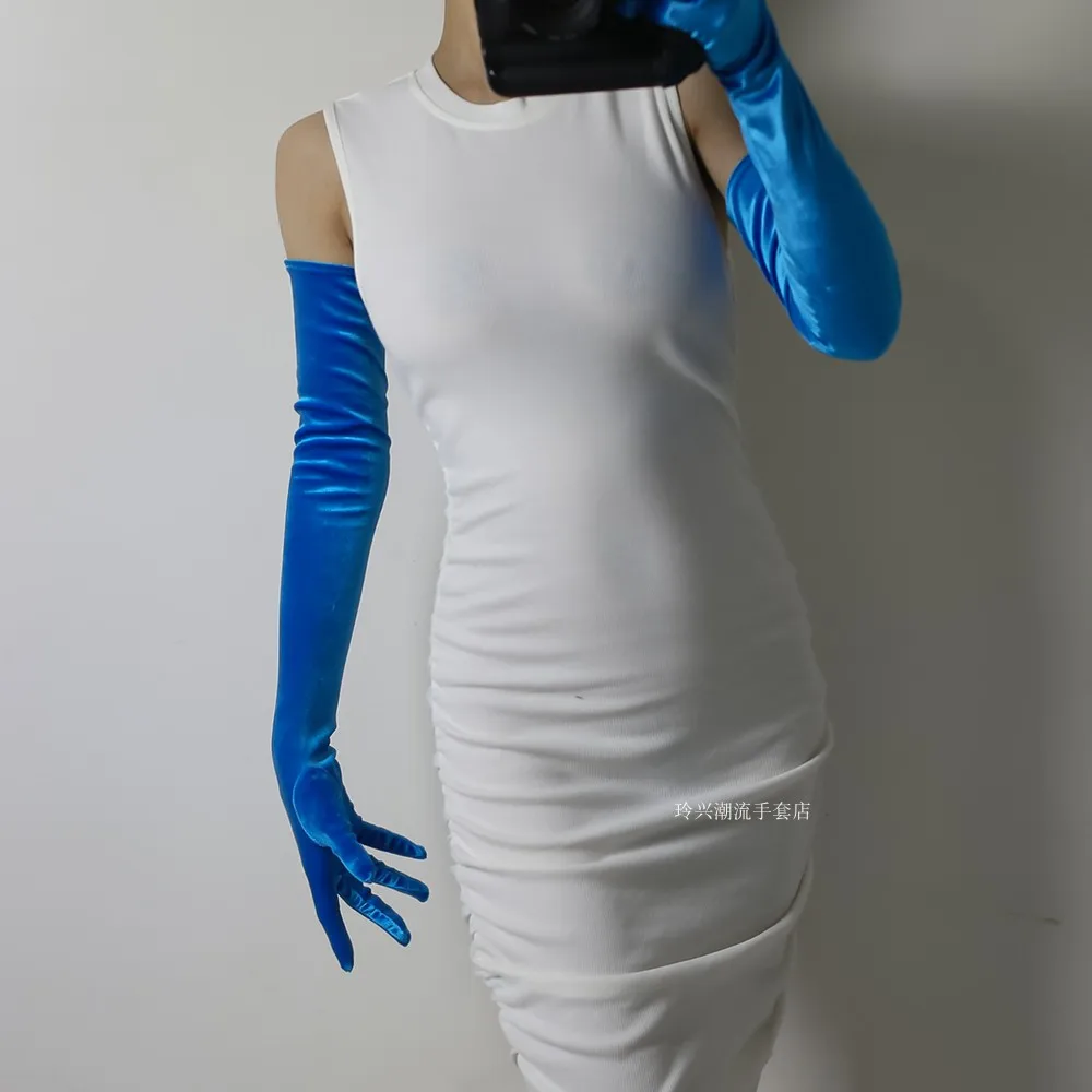 60 cm lange Samthandschuhe für Damen, elastischer Velours, Flanell, schwarz, thermisch, elegante Armstulpen, sexy Vintage-Mode, 1920er Abendmode – Detail 6