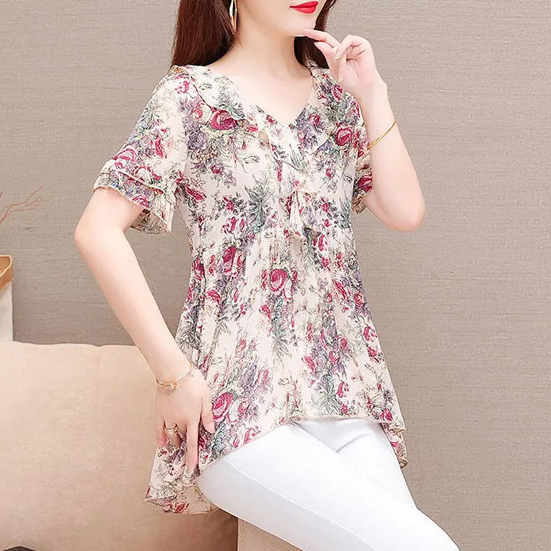 2023 New Vintage Paisley Printed Midi Blouse Summer Fashion Ruffles Spliced Women\'s Clothing Loose Elegant V-Neck Chiffon Shirt