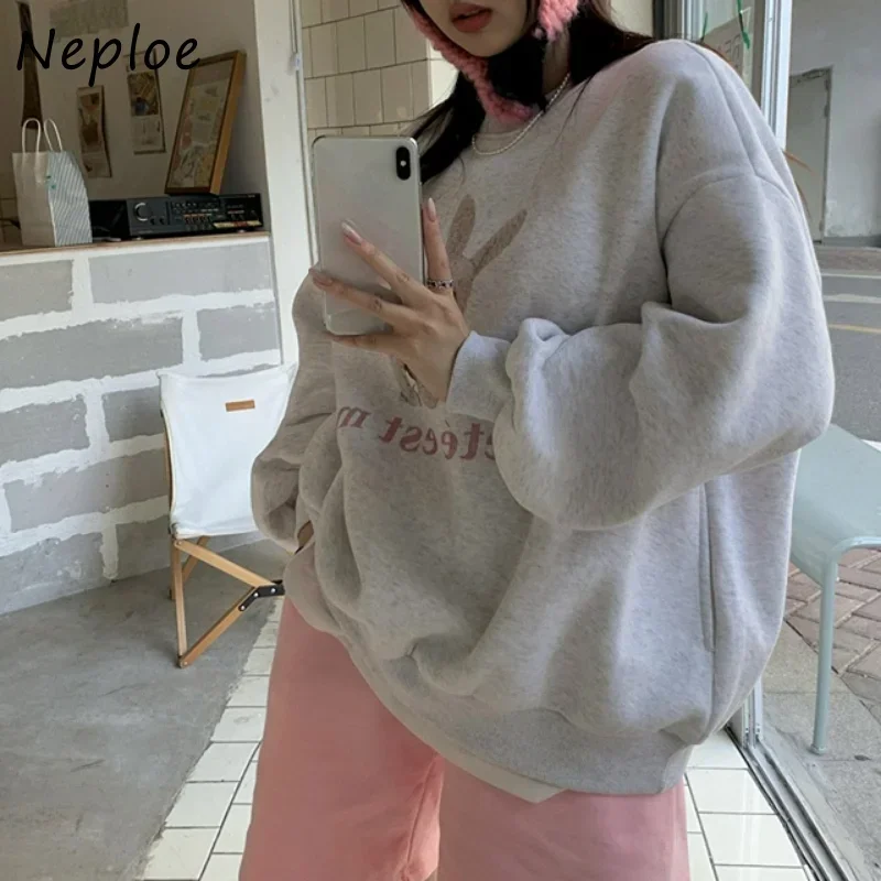 Neploe O Neck Solid Color Long Sleeve Sweaters Letter Print Hoodies Women Early Autumn Vintage Clothes Loose Casual Sweatshirts