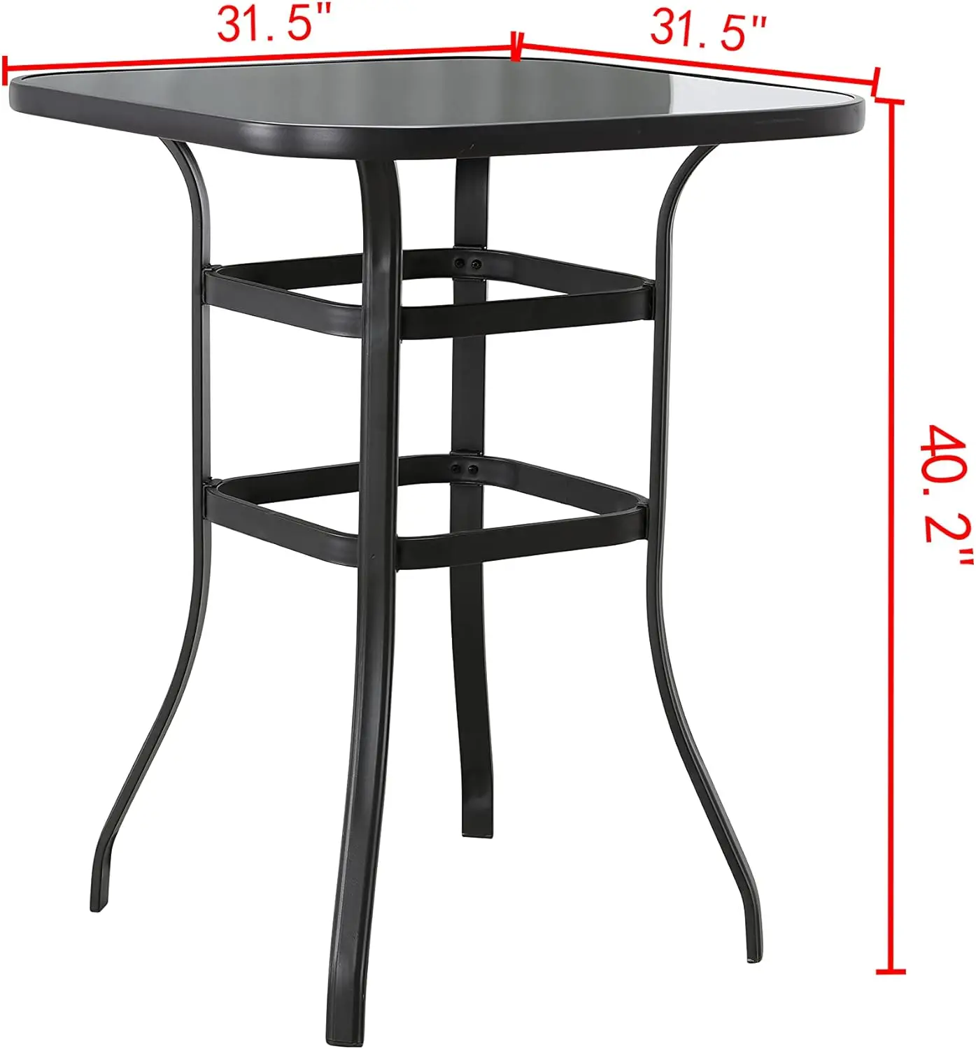 Bar Height Counter Tall Patio Table Outdoor Bistro Glass Top All Weather Metal Frame Square Tempered Furniture, Black