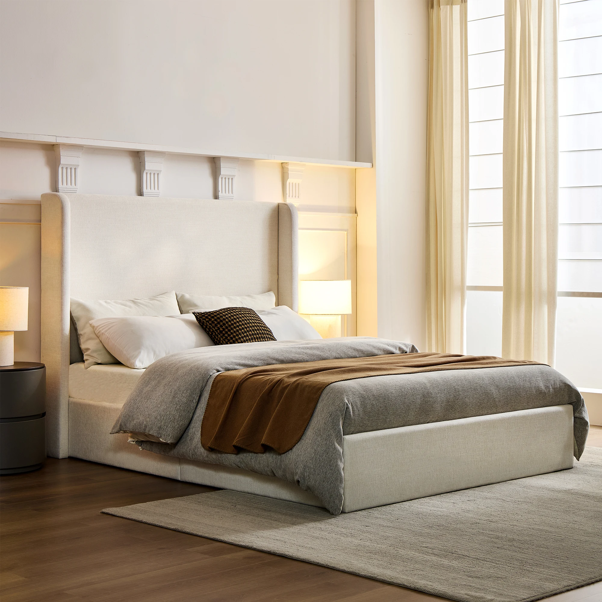 ！@OE HOME Modern Adjustable Queen Bed Upholstered Wingback Platform Frame 54