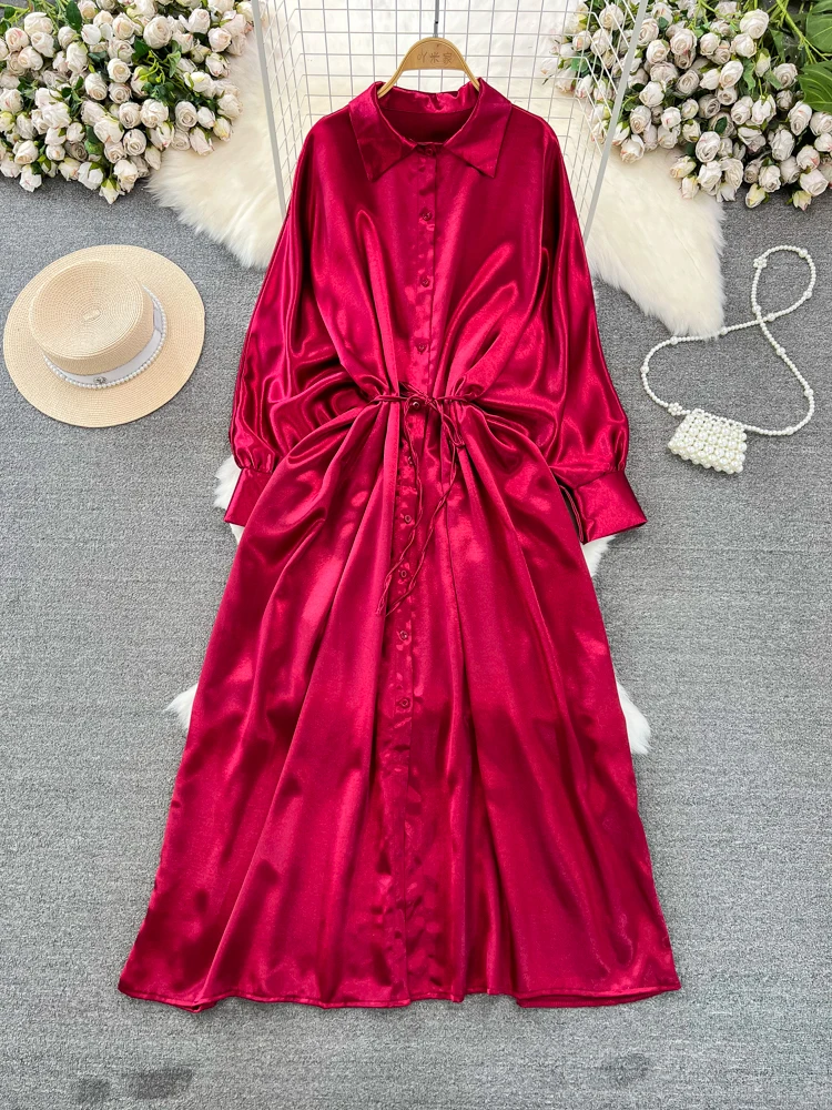 Matakawa Satin lange Kleider einreihig Frühling Herbst solide elegante Vestidos Mujer Mode einfache A-Linie Frauen Kleid