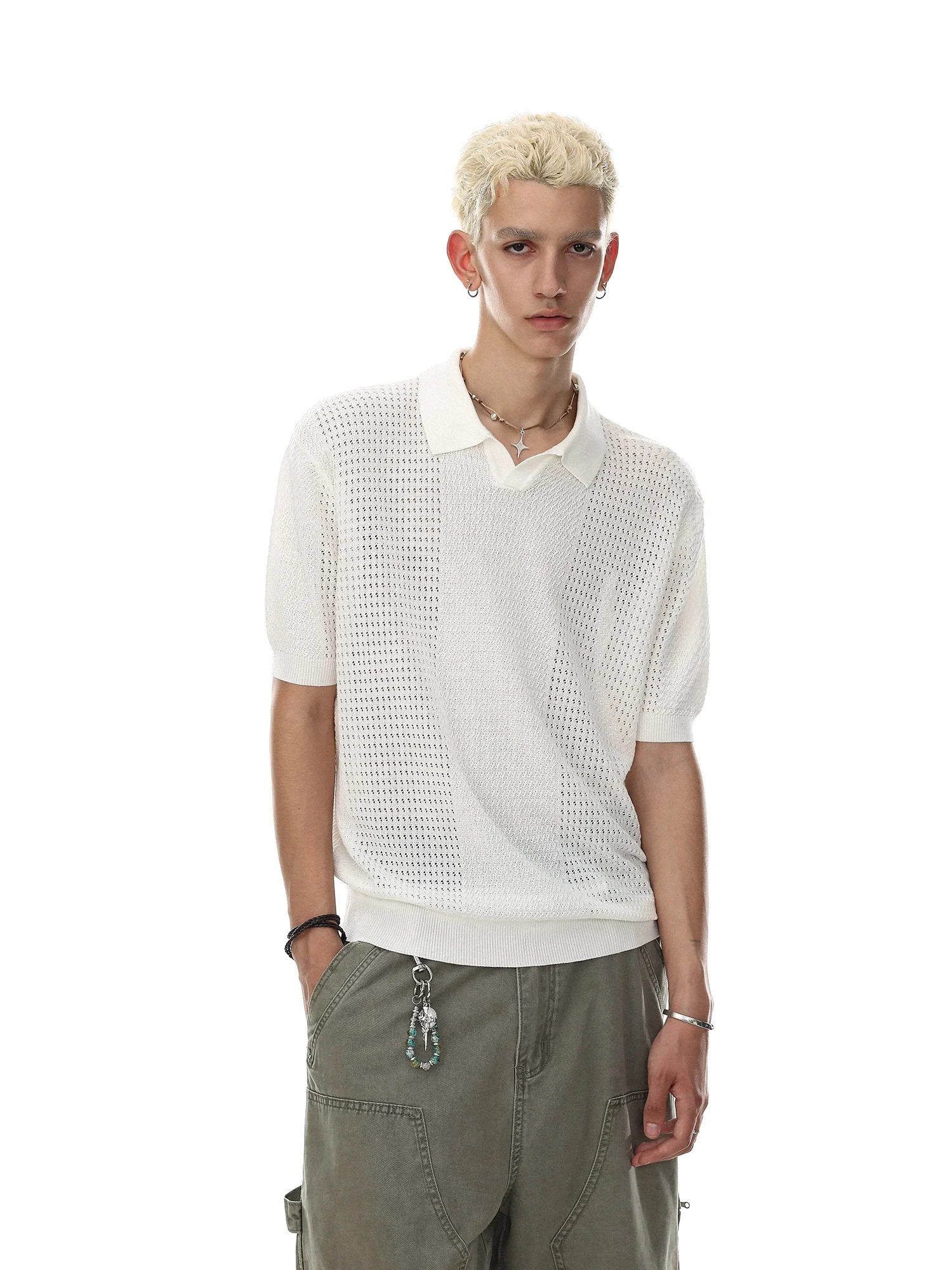 Loose Casual Short Sleeve  Shirt Men Women Knitted Top Breathable Comfortable Polyester Blend Classic Hollow out Design