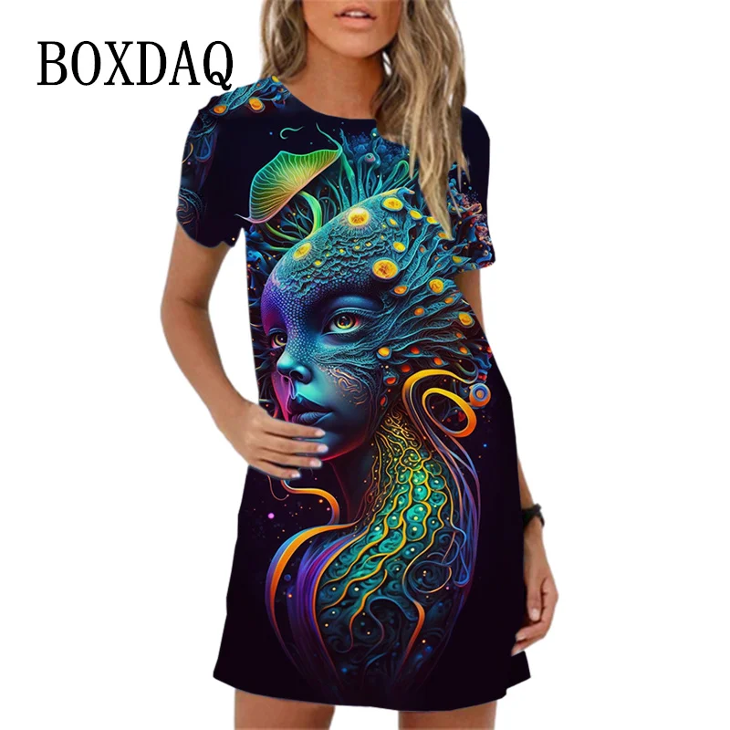 Fashion Art Abstract Face 3D Painting Print A-Line Dress For Women 2024 New Summer Dress Loose Casual Short Sleeve Women Dresses